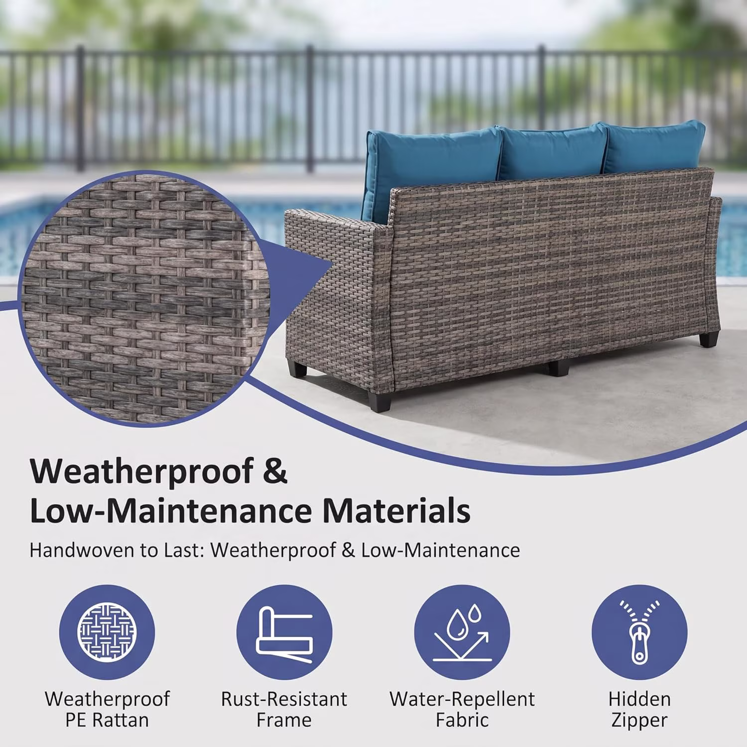 thumbnail image 3 of LAUSAINT HOME 3 Pieces Outdoor Patio Furniture, Outdoor Sectional Sofa Patio Furniture Sets Wicker Rattan Patio Conversation Sets with Cushion and Glass Table, Peacock Blue, 3 of 9