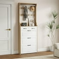 thumbnail image 2 of PORKISS Shoe Cabinet, Wood Tall Shoe Rack with Door and Hanger, Entryway Shoe Rack with 3 Doors and 2 Drawers, Freestanding Shoe Organizer Large Space for Storage, Oak & White, 2 of 6