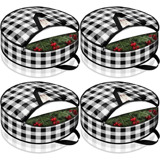 Bolsa de almacenamiento para coronas navideñas, 4 piezas, redonda, a cuadros de búfalo, contenedor de almacenamiento grande con cremallera (blanco y negro, 24 pulgadas)