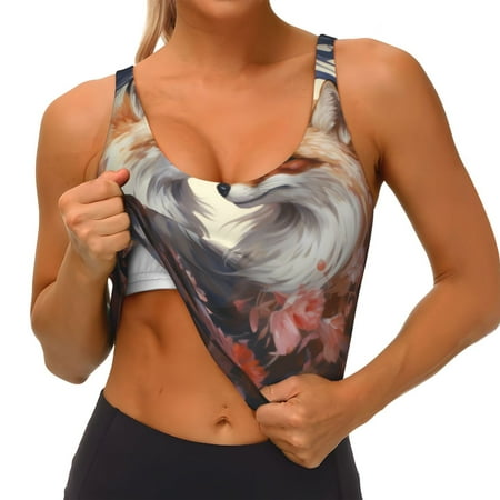 Qokaie Romantic Flower Fox Pattern Womens Scoop Neck Sports Bra Breathable Workout Vest Padded U Back Medium Impact Fitness Gym Yoga Bra Workout Crop Top