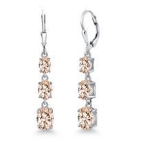 Gem Stone King 925 Sterling Silver Peach Morganite 3 Stone Dangle Earrings for Women (4.30 Cttw, Gemstone October Birthstone, Oval 8X6MM, 7X5MM and 6X4MM)