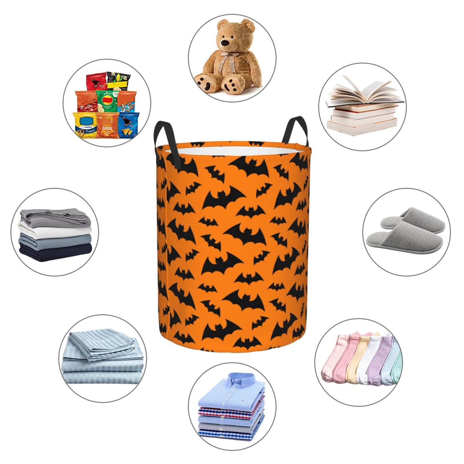 Large Laundry Basket with Handles - cool black bats orange Kids Baby Dirty Clothes Laundry Hamper for Bedroom Aesthetic