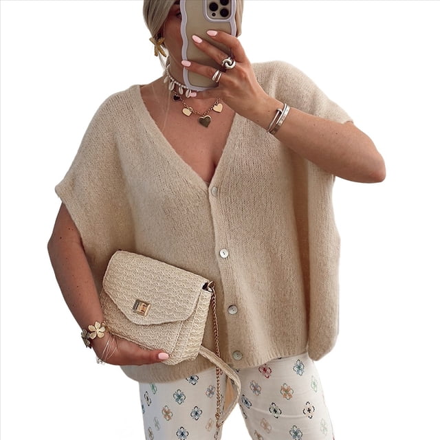 Suéter de Punto Informal de Verano para Mujer, de Corta, Holgado, con Botones y Cuello en V, Color Caqui, Talla M