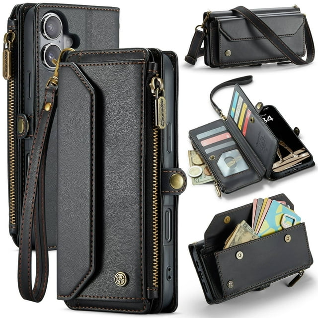 Bandolera para Billetera con Funda para iPhone 16 Plus【Bloqueo RFID】con Ranura para Billetes con Cremallera y 10 Tarjeteros, Correa Magnética de Cuero PU Suave para Billetera con Funda