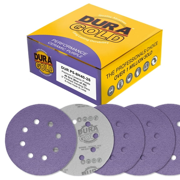 Dura-Gold Premium 40 Grit 5" Purple Film Ceramic Sanding Discs, 8-Hole Pattern, Box of 25 - Dustless Hook & Loop Backing Sandpaper for DA & Random Orbital Sanders - Sand Auto Paint, Wood, Woodworking