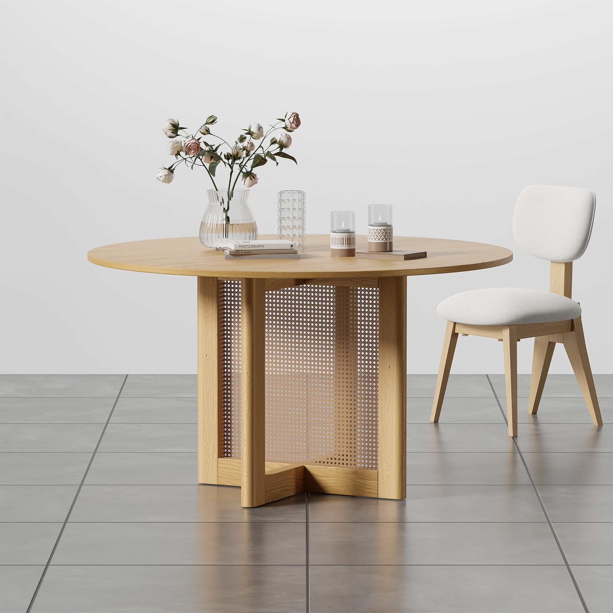 52" Round Dining Table Oak Wood Kitchen Table,Oak Color