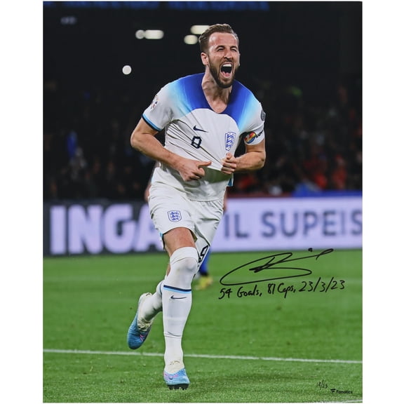 Harry Kane England National Team Autographed 16" x 20" White Jersey Celebrating 54th Goal Photograph with Multiple Inscriptions - Limited Edition of 23 - Fanatics Authentic Certified