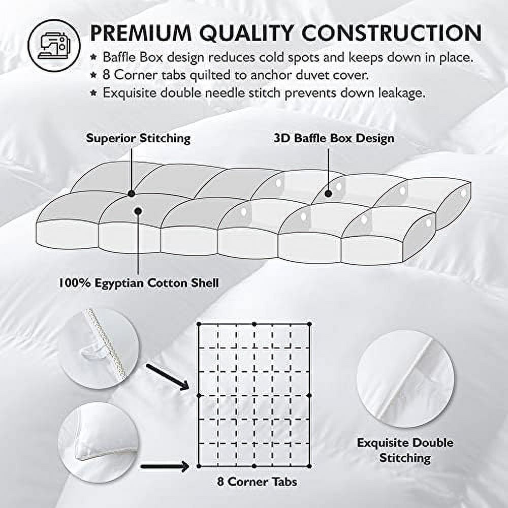 Luxurious Twin/Twin XL Size Goose Down Fiber Waterfowl Feather Fiber Comforter Duvet, 100% Egyptian Cotton Cover, 50 oz. Fill Weight, Baffle Box Design, White Solid