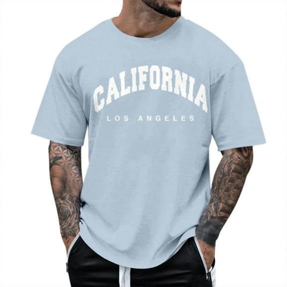NOLDARES Men's Graphic Tees Short Sleeve California Letter Print Crewneck Casual Regular T-Shirt for Men(Light Blue,XXL)