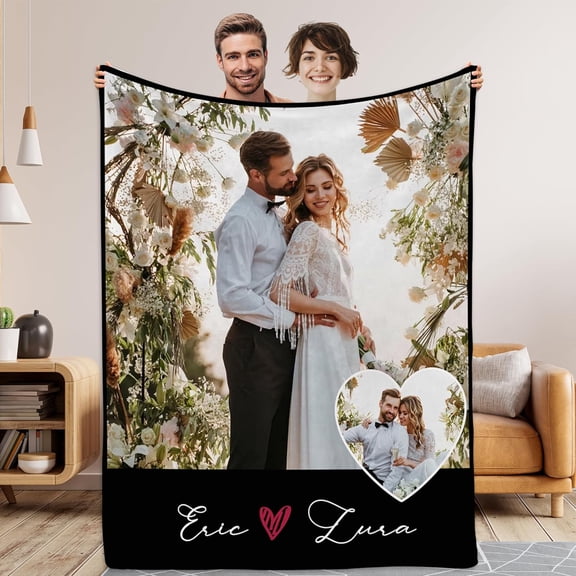 Custom Xmas Photo Blankets Personalized Picture Couples Customized I Love You Family Hallmark Movie Watching Blanket for Wife Husband Girlfriend Boyfriend - 2 Photos Merry Christmas
