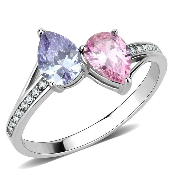 Womens Silver Ring Purple Pink Tear Drops Stainless Steel Ring with AAA Grade CZ in Multi Color