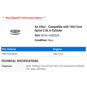 Air Filter - Compatible with 1963 Ford Sprint 2.8L 6-Cylinder