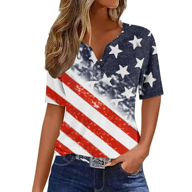 KIHOUT T-Shirt Imprimé pour la Fête de l'Indépendance pour Femmes, Boutonné, Manches Courtes, Col en V, Rouge 2TG