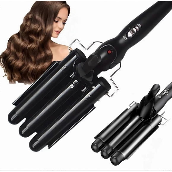 Three Barrel Curling Iron with Tourmaline Ceramic Coating, Fast Heating 60s Hair Waver, Black