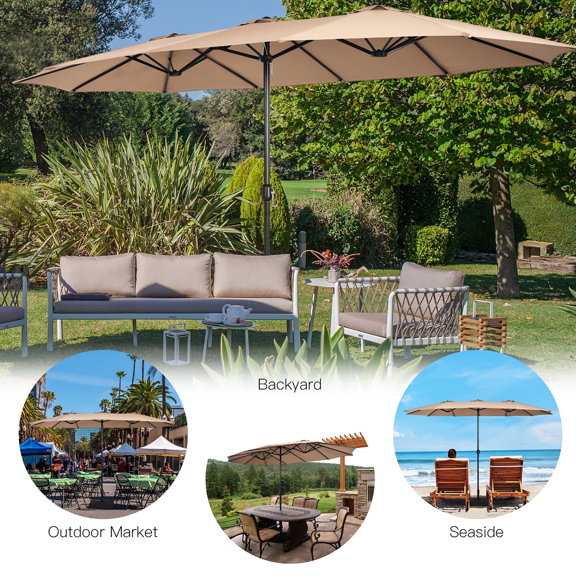 Costway 96" Coffee Rectangle Market Patio Umbrellas, Water-Resistant