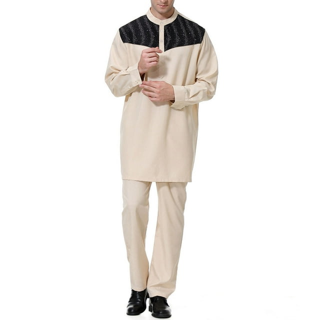 Amzcrzy Men's Robes Men Set Men's Muslim Robe Set Arab Middle Robe Pattern Embroidery Medium Long Sleeve Standing Neck Top Long Pants Robe Set Robe for Men Lightweight Robes Mens Robe