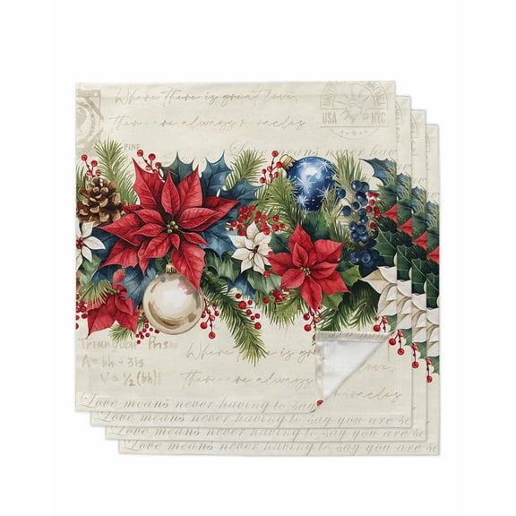 Red Blue Christmas Cloth Napkins Set of 4, Xmas Botanical Poinsettia Balls Washable Reusable Dinner Cocktail Napkin for Kitchen Party Wedding Banquet Holiday Baby Shower Table Decor