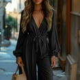 thumbnail image 3 of Long Sleeve Jumpsuits for Women Dressy Formal Wrapped Deep V Neck One Piece Romper Wedding Guest Jumpsuit Elegant, 3 of 7