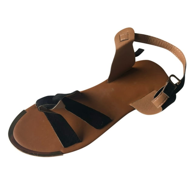 Sandales Plates d'Été Décontractées pour Femmes à Bout Rond avec Bride Croisée à Boucle, Couleur Unie