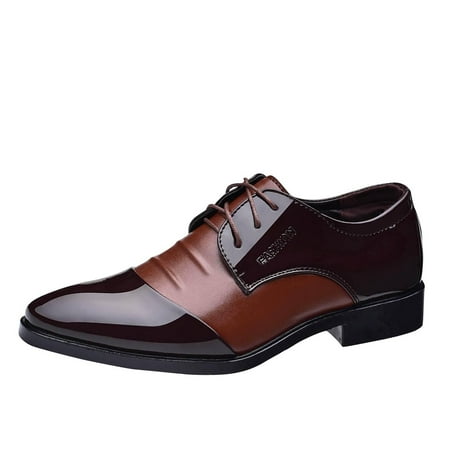 Xfvqtps Mens Dress Shoes British Style Simplicity Splicing Together Pointy Toe Lace up Soft Sole Breathable Comfortable Fashion Printing Classic Formal Business Patent Leather Shoes Brown
