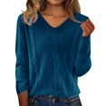 thumbnail image 2 of Women's V-Neck Cable Knit Sweater, Long Sleeve Loose Fit Pullover Top with Textured Pattern, Soft Comfortable Blouse for Layering and Outer Wear, Slimming Casual Everyday Wear for All Seasons Blue, 2 of 7