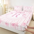 thumbnail image 4 of Manfei Pink Stripe Bow Tie Bed Sheets For Kids,R Monogram Letter King Sheets For Girls,4 Pieces, 4 of 6