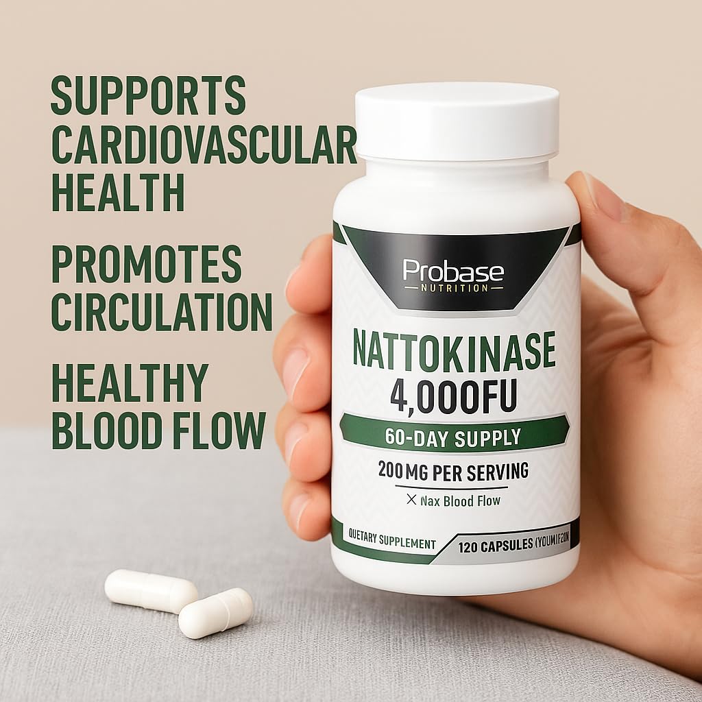 Probase Nutrition Nattokinase Supplement 4,000 FU Servings, 120 Capsules (Derived from Japanese Natto) Systemic Enzymes for Cardiovascular and Circulatory Support