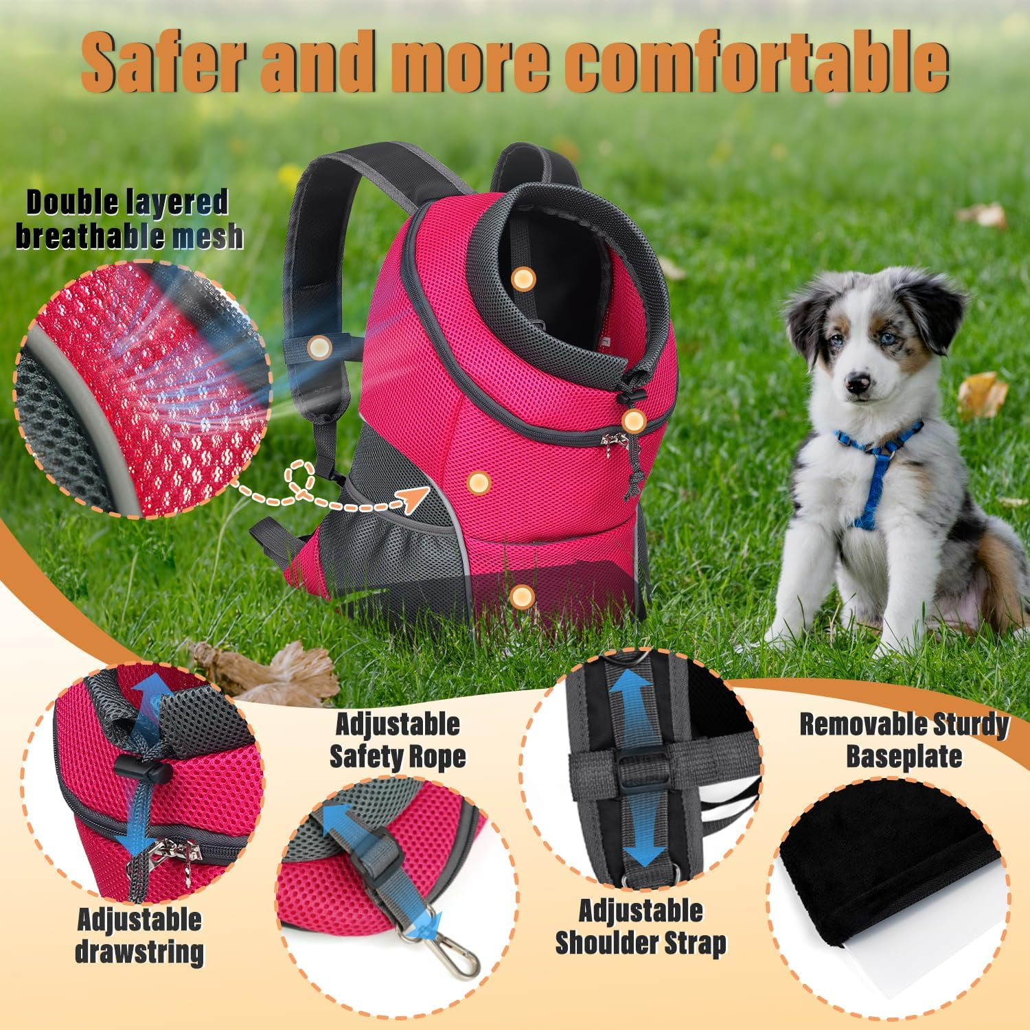9-14lbs Dog Front Carrier Backpack, Adjustable Breathable Pet Carrier for Small Dogs, Ventilated Puppy Back Pack with Safety Belt, Lightweight Doggy Backpack for Hiking Outdoor(Jet Black, L)