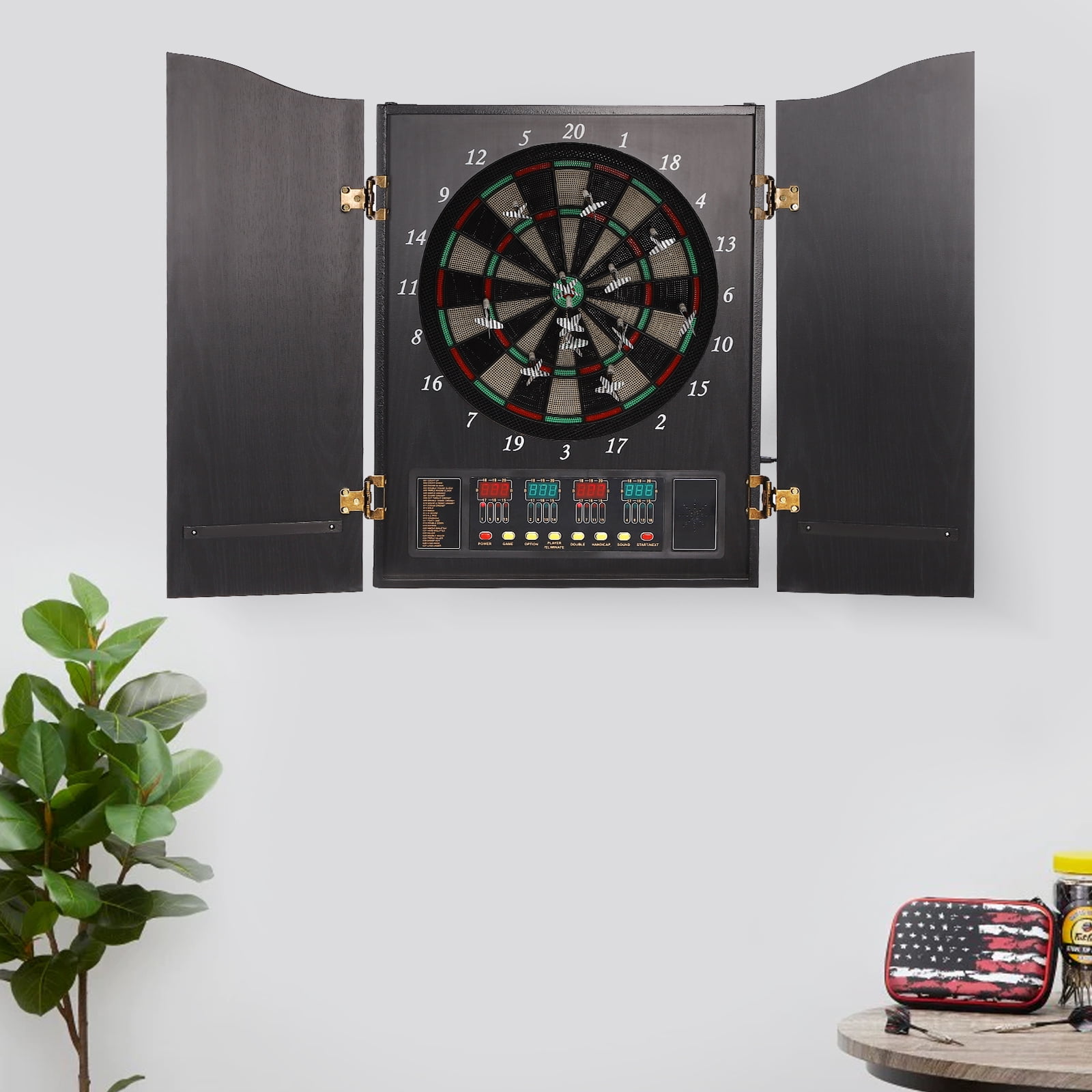 Pro Electronic Dartboard Cabinet Set with LED Digital Scoreboard ,Over 27 Games and 243 Variations ,Cabinet for 12 Soft Tip Darts 88 Tips 16-Player Scoring