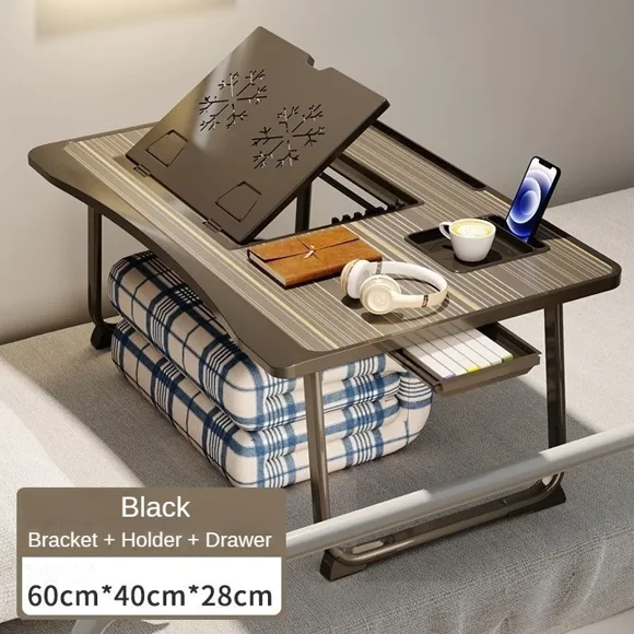 Foldable Laptop Desk for Bed with 6 Gear Adjustable Height Stand, Lap Table, Breakfast Tray, Writing Desk with Drawer for Working and Gaming