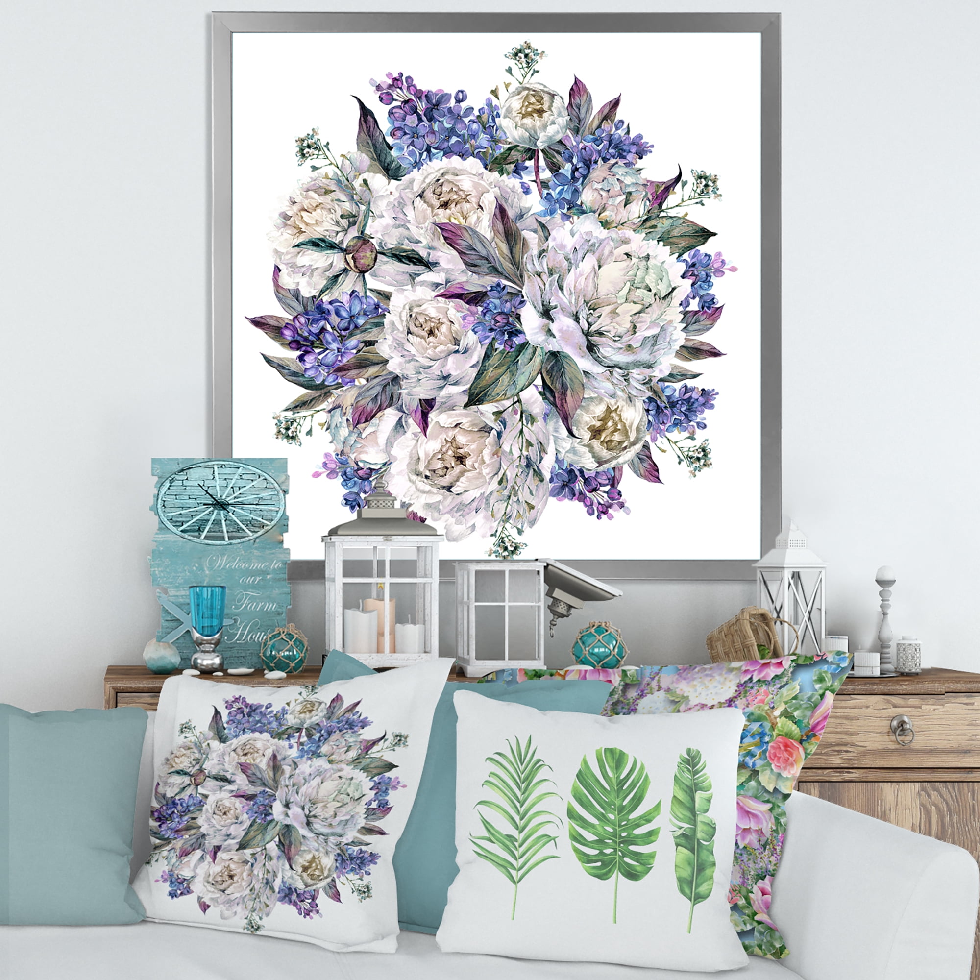 Designart 'Bouquet Peonies In Blue and White' Traditional Framed Art Print