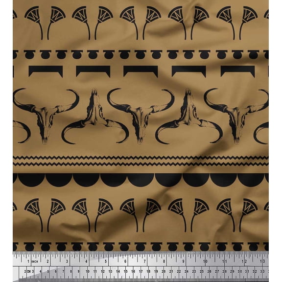 Soimoi Brown Cotton Voile Fabric Floral & Buffalo Head African Printed Fabric 1 Yard 42 Inch Wide