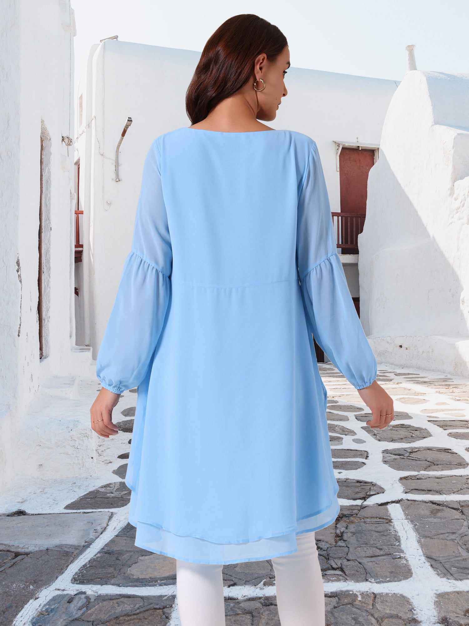 Unique Bargains Women's Lantern High Low Asymmetrical Irregular Hem Blouse Tops M Sky Blue