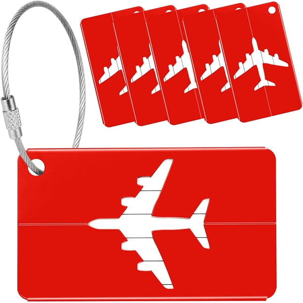 (Rojo)Etiqueta de equipaje de avión 6x Etiqueta de maleta de aleación de aluminio con cuerdas de acero inoxidable y etiqueta de nombre para evitar la pérdida de bolsos y maletas, etiqueta de maleta d