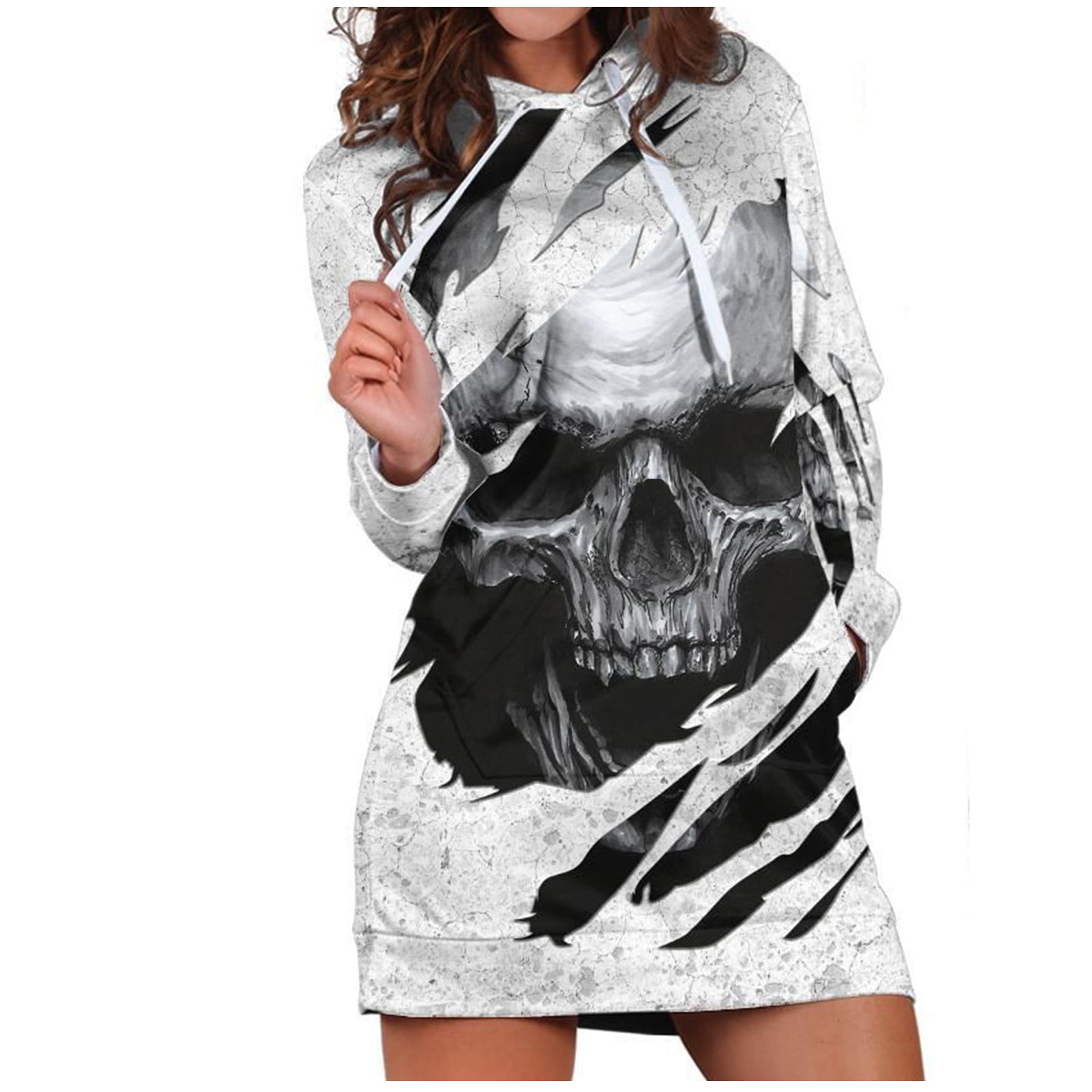 Women's Halloween Long Sleeve Hooded Pockets Pullover Hoodie Dress Tunic Sweatshirt Pocket Skull Floral Print Dresses 