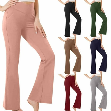 lcziwo Womens Yoga Pants Crossover High Waist Athletic Leggings Solid Color High Waisted Butt Lifting Bootcut Tights Pink S