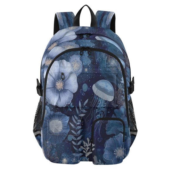 Large Capacity Student Backpack, 14 Inch Laptop Backpack, Wear-Resistant Polyester Travel Backpack with Reflective Strips for Commuting Outdoor Jellies in Sea