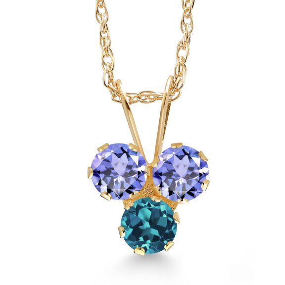 Gem Stone King 14K Yellow Gold Blue Tanzanite and London Blue Topaz 3-Stone Pendant Necklace for Women (0.43 Cttw, Gemstone December Birthstone, Round 3MM, 18 inch Chain)
