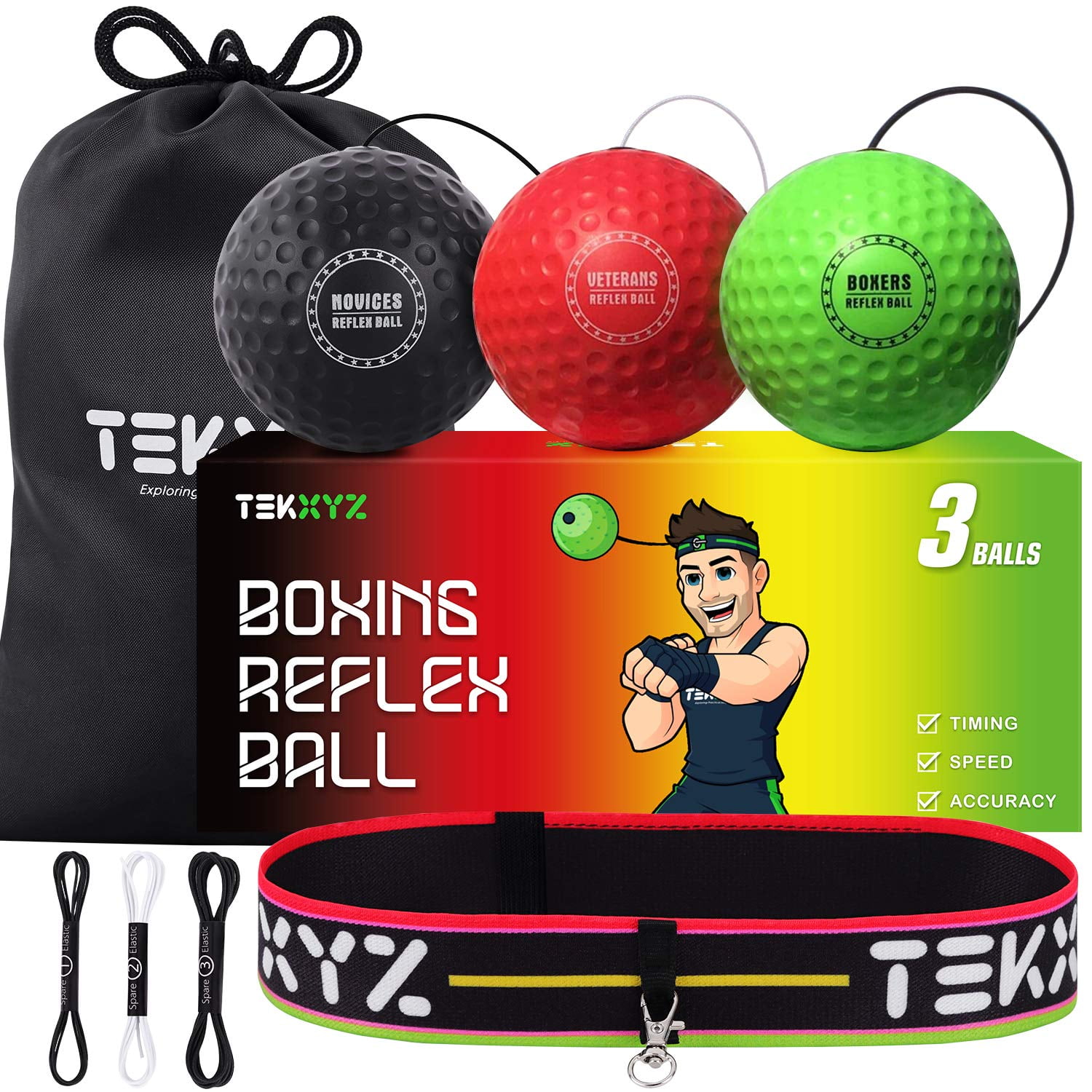 Pack Familial Balles De Réflexe TEKXYZ – 4 Balles De Boxe Avec Bandeaux – Jeu D’agilité Et De Vitesse Pour Toute La Famille