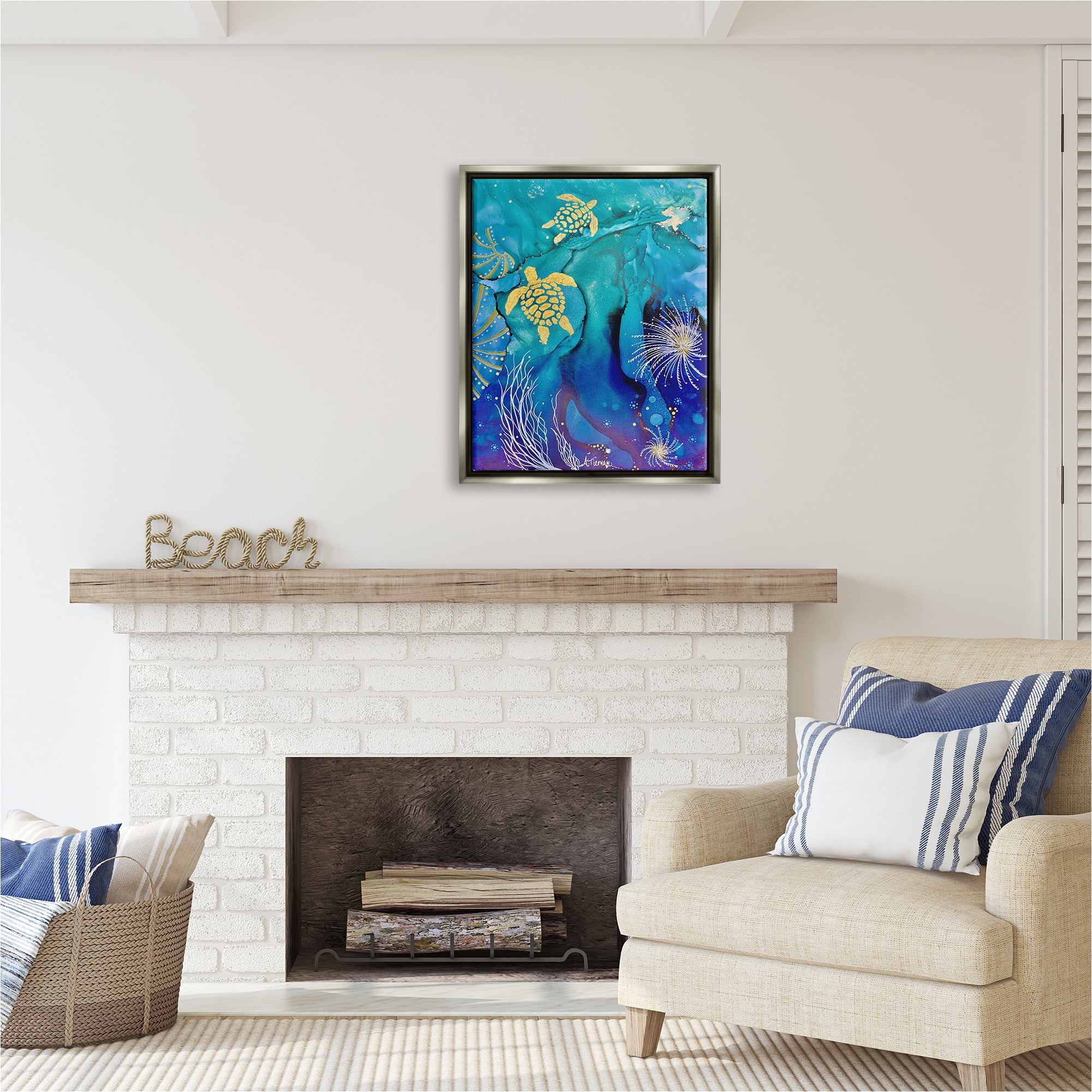 Stupell Industries Abstract Blue Sea Turtles Abstract Painting Gray Floater Framed Canvas Art Print Wall Art, 25 x 31