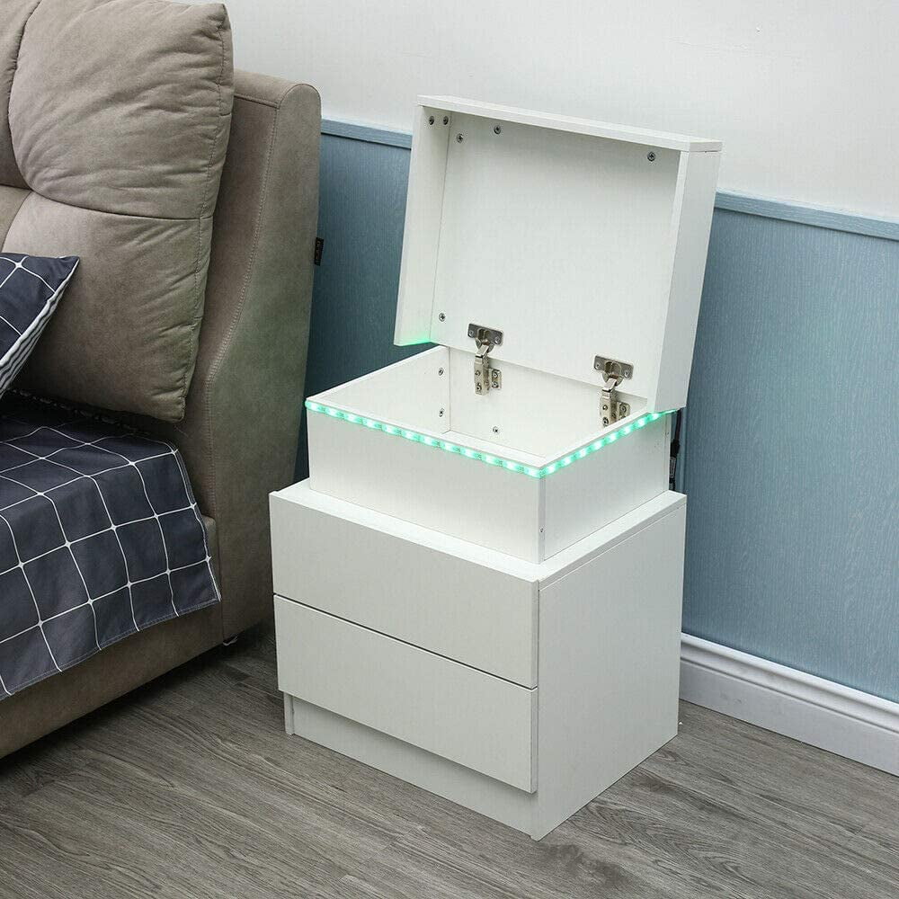 Bedside End Table Modern Nightstand with High Gloss LED Lights