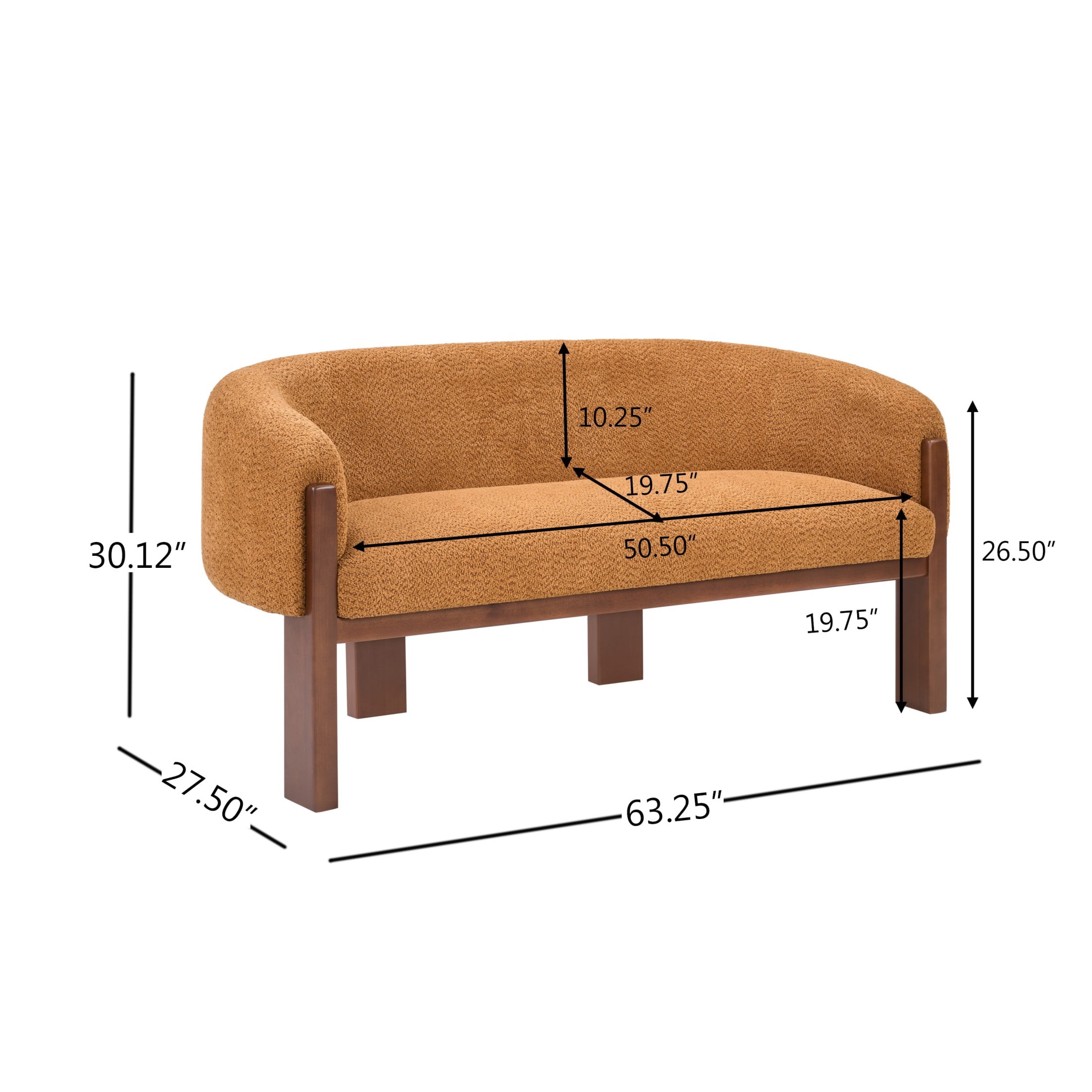 Christopher Knight Home 63.25" Modern Curved Boucle Loveseat Sofa with Wood Legs, Walnut+Caramel