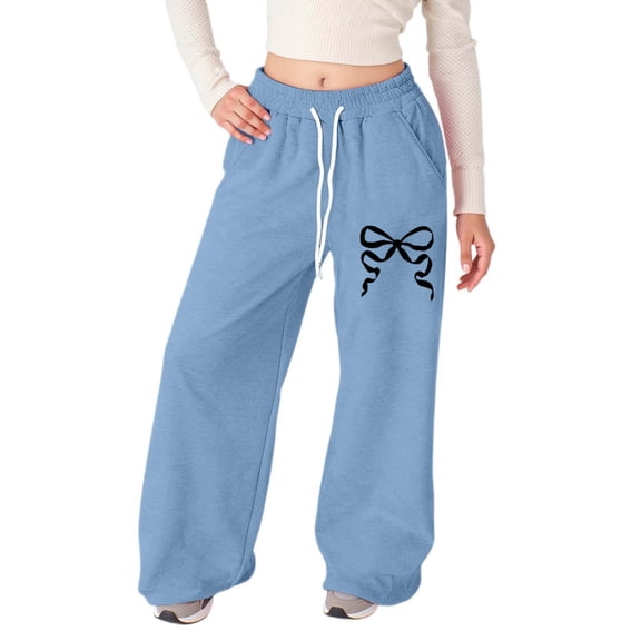WMQPNNS Girl's Sweatpants Straight Leg Joggers Pants Black Casual Pants for Girls 6-7 Bowknot Drawstring Workout Pants with Pockets Clothes for Girls, Size 12-13 Years, Light Blue