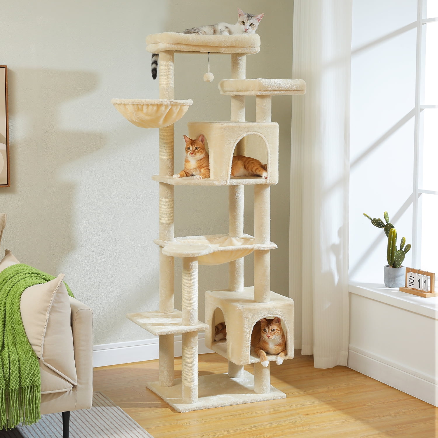 PEQULTI 69" 7-Level Indoor Cat Tree with Scratching Post & Hammock Cat Tower for Large Cats Beige