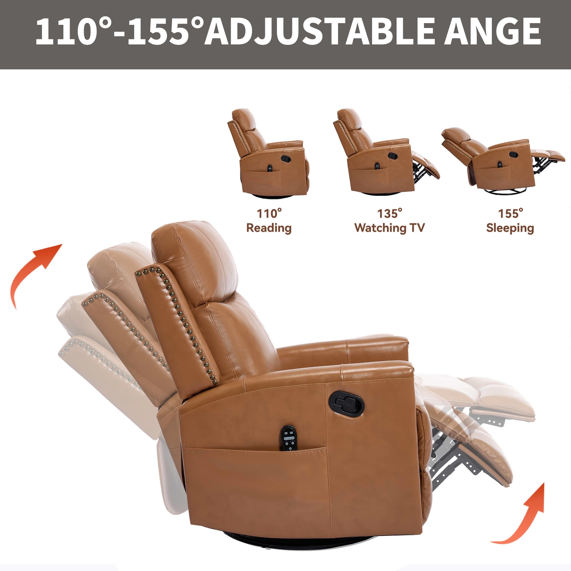 MAYEERTY Orange Genuine Leather Manual Recliner Chair 360° Swivel Rocker 155° Recline with 8-Point Massage Heat for Living Room