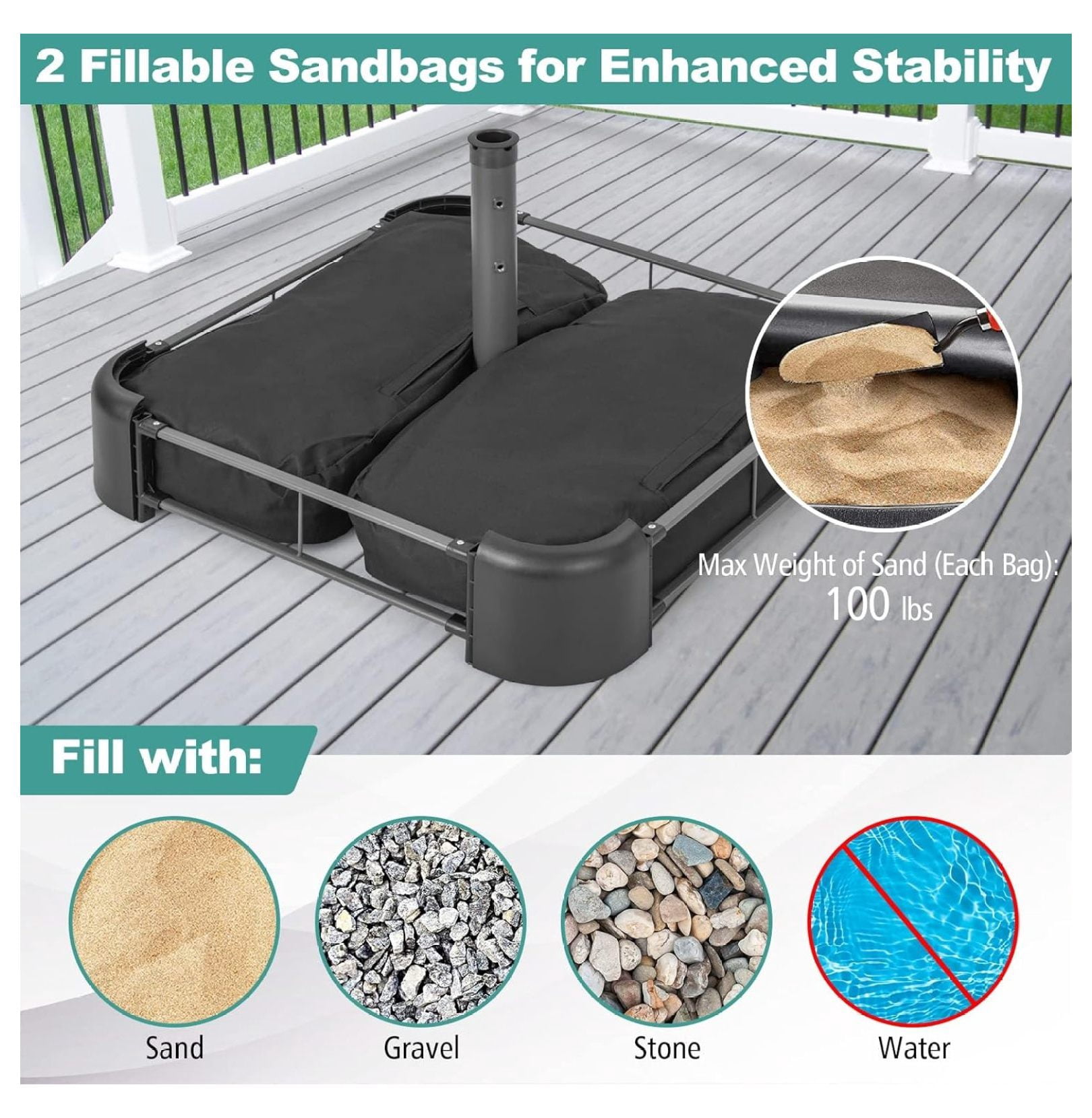 Gexandy Moccha Umbrella Base Stand, Heavy Duty Sand Filled Patio Umbrella Holder Base Stand with Sandbags, 220 lbs Umbrella Stand for Market Umbrella, Double-Sided Umbrella, Patio Umbrella Stand