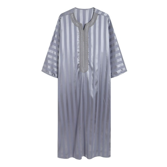 RongHuan Thobe for Men Casual Short Sleeve Robe Lightweight Striped Embroidered Clothing Round Neck Muslim Robes