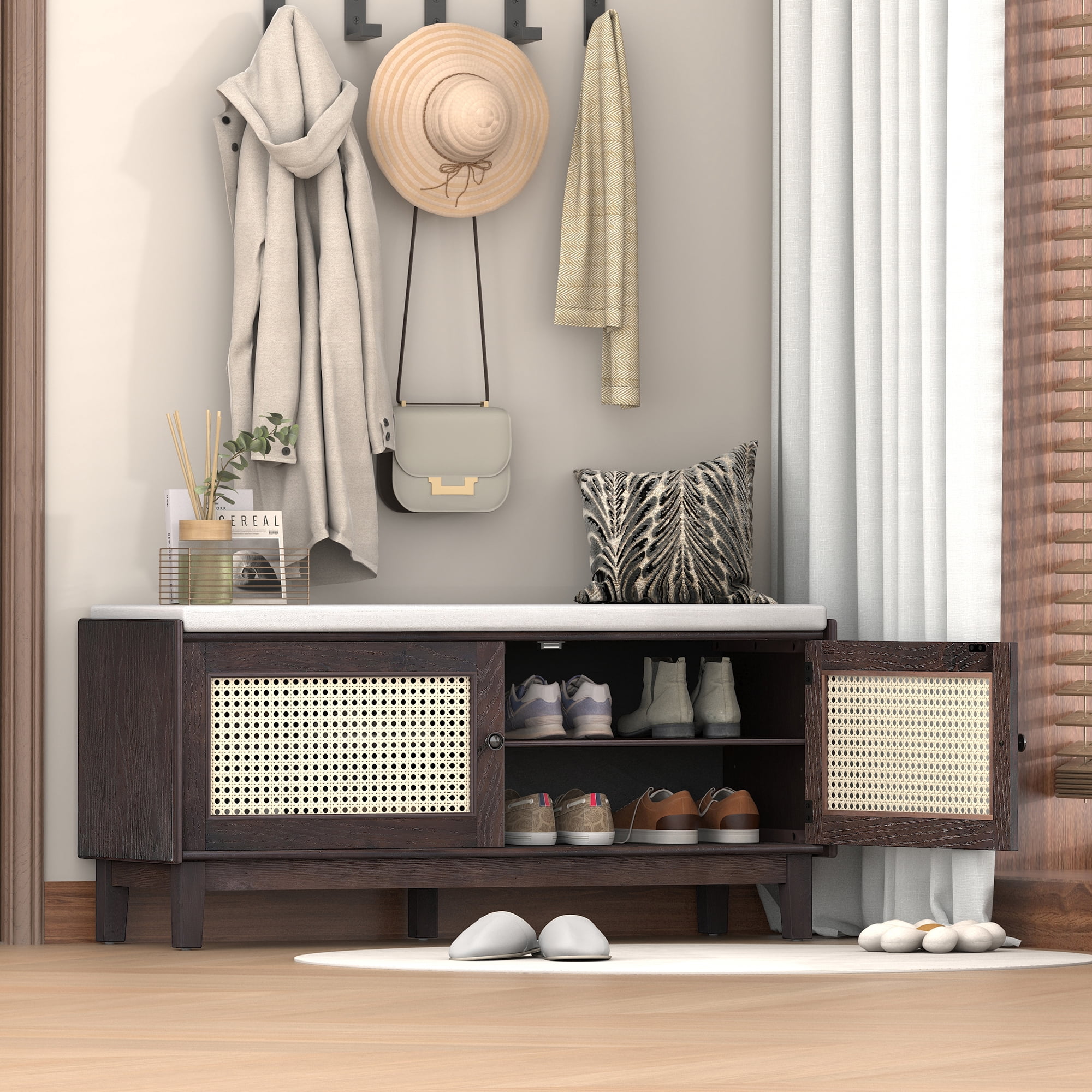 Euroco Boho Rattan Entryway Bench with Storage, Cushioned Shoe Bench with Double Doors, Wooden Shoe Organizer Bench for Entryway and Hallway (Espresso+Beige )