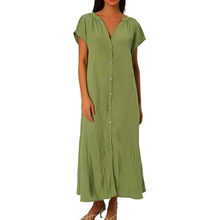 DGMIOCS Women s V-Neck Button-Down Maxi Dress with Pockets Flowy Green XXL