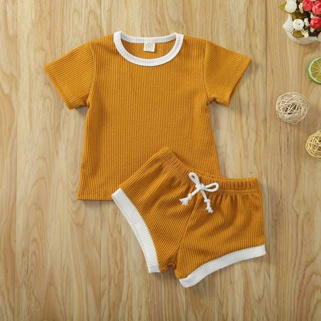 2 Pcs Ensemble d'Été pour Bébé Garçon Fille T-Shirt à Manches Courtes Côtelé et Short
